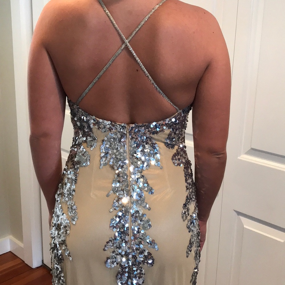 Faviana Silver Sequined Backless Long Dress
